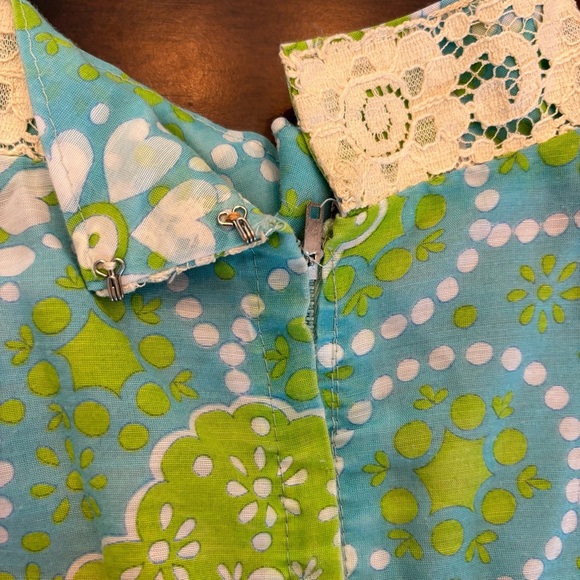 Vintage 60/70’s  Green Blue Drop Waist Dress Midi Mod Flower Power Girls Size - Picture 4 of 9